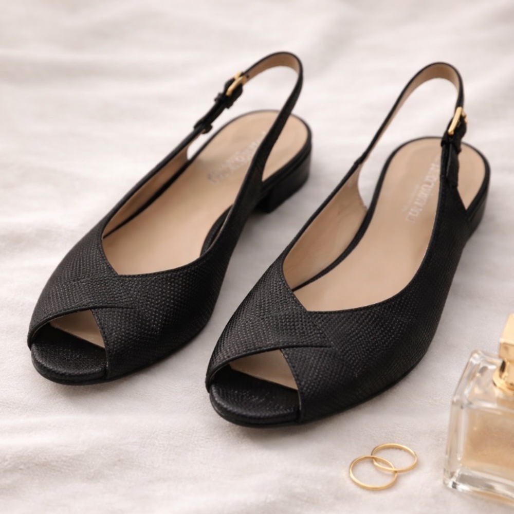 Bruno Magli Black Textured Leather Peep-Toe Slingback Flats